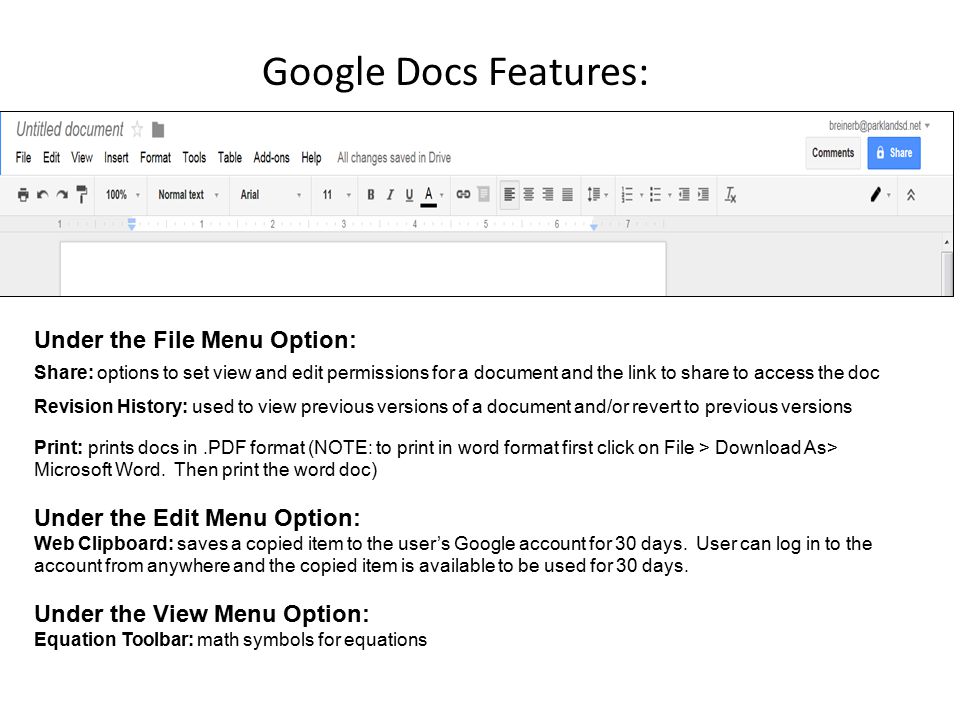 Google Docs Features: Under the File Menu Option: