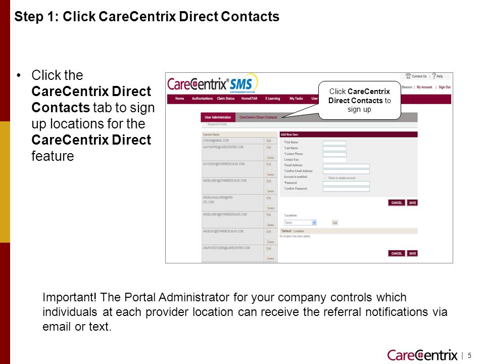 Step 1: Click CareCentrix Direct Contacts