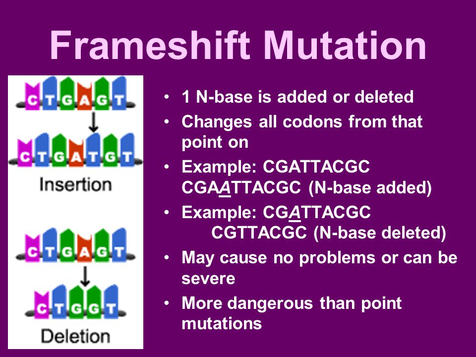 Frameshift Mutation 1 N-base is added or deleted
