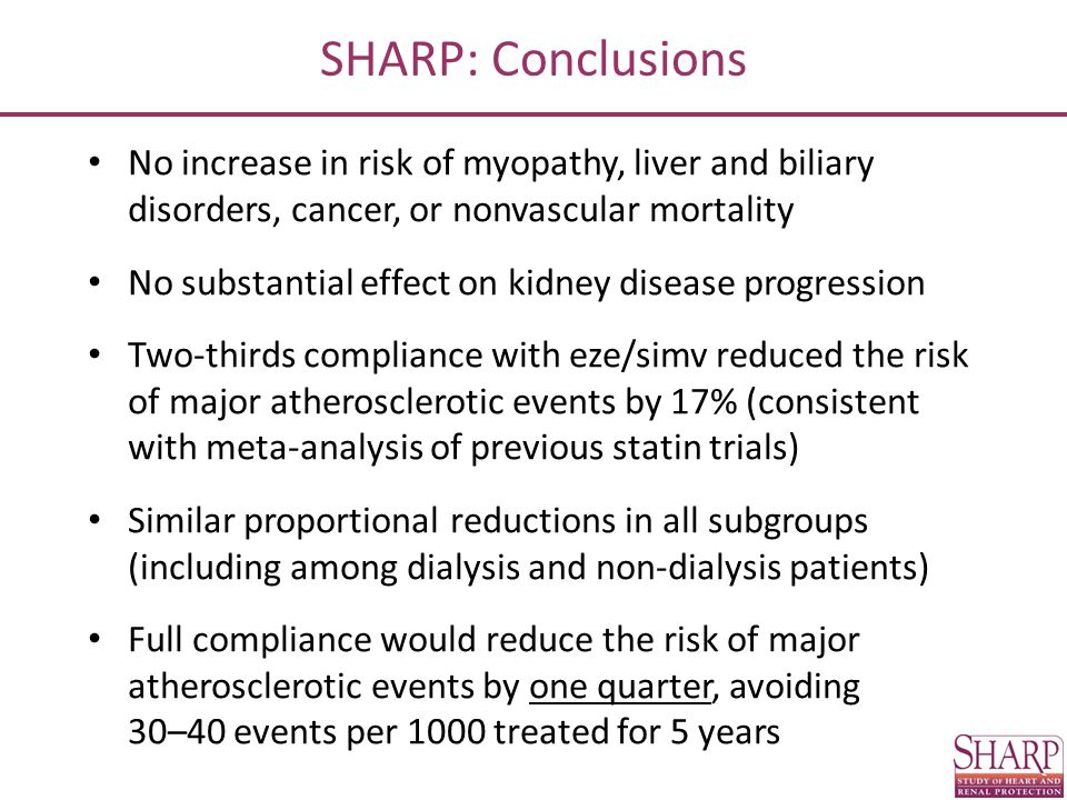 SHARP: Conclusions No increase in risk of myopathy, liver and biliary disorders, cancer, or nonvascular mortality.