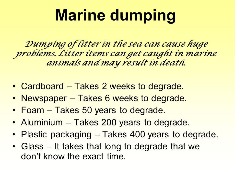 Marine dumping Dumping of litter in the sea can cause huge problems