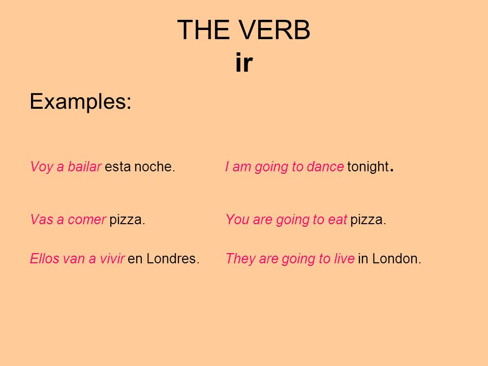 THE VERB ir Examples: Voy a bailar esta noche. I am going to dance tonight. Vas a comer pizza. You are going to eat pizza.