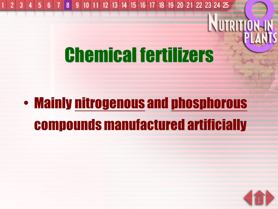 Chemical fertilizers Mainly nitrogenous and phosphorous compounds manufactured artificially