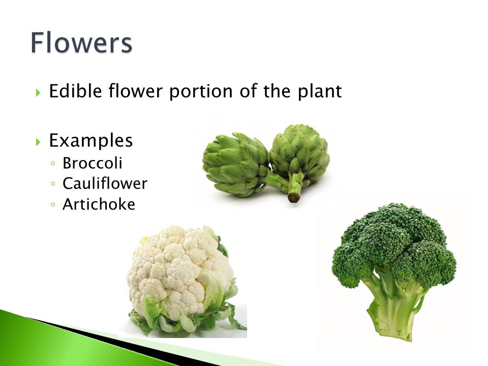 Flowers Edible flower portion of the plant Examples Broccoli