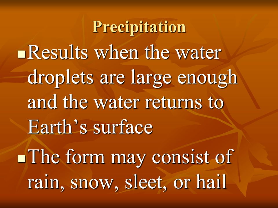The form may consist of rain, snow, sleet, or hail