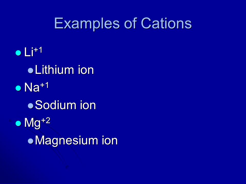 Examples of Cations Li+1 Lithium ion Na+1 Sodium ion Mg+2