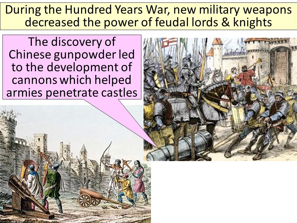 During the Hundred Years War, new military weapons decreased the power of feudal lords & knights