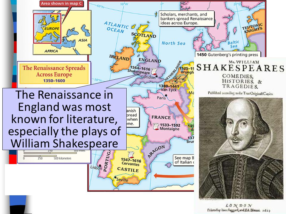 The Renaissance in England was most known for literature, especially the plays of William Shakespeare