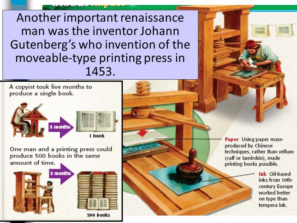 Another important renaissance man was the inventor Johann Gutenberg’s who invention of the moveable-type printing press in 1453.
