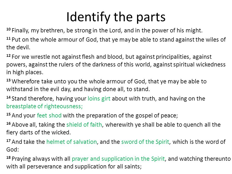 Identify the parts 10 Finally, my brethren, be strong in the Lord, and in the power of his might.