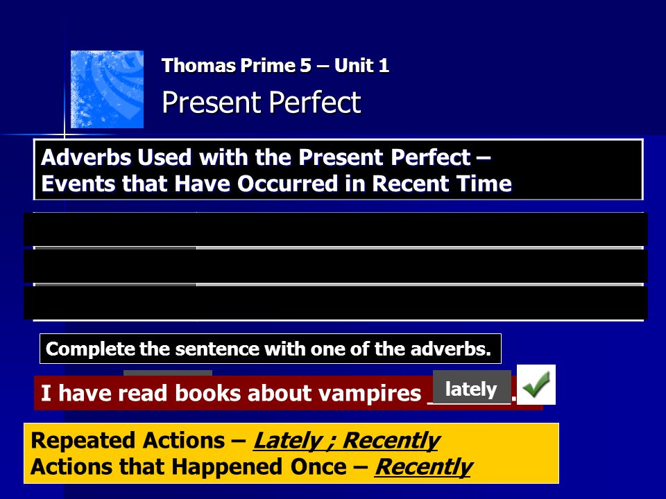Thomas Prime 5 – Unit 1 Present Perfect. Adverbs Used with the Present Perfect – Events that Have Occurred in Recent Time.