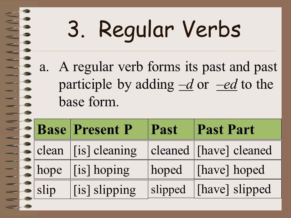 3. Regular Verbs A regular verb forms its past and past participle by adding –d or –ed to the base form.