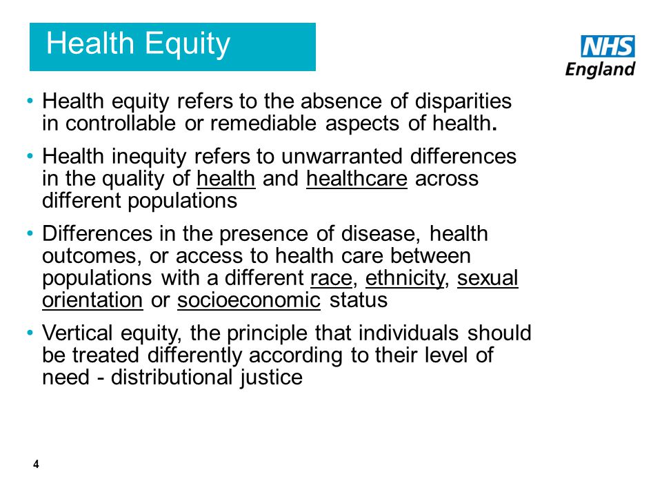 Health Equity Health equity refers to the absence of disparities in controllable or remediable aspects of health.