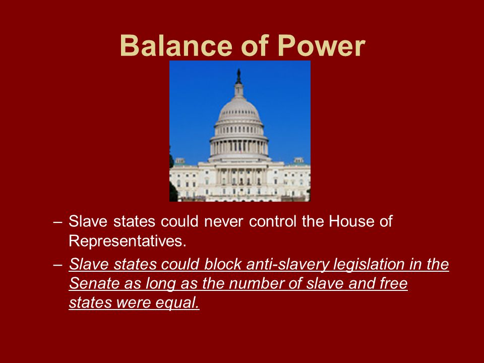 Balance of Power Slave states could never control the House of Representatives.