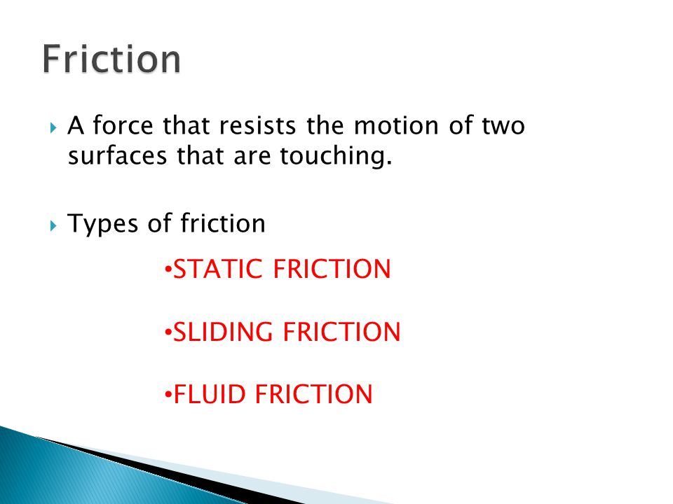 Friction STATIC FRICTION SLIDING FRICTION FLUID FRICTION