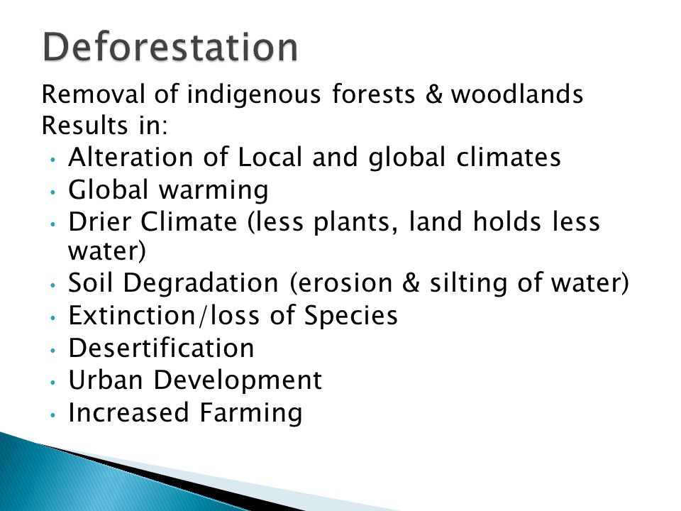 Deforestation Alteration of Local and global climates Global warming