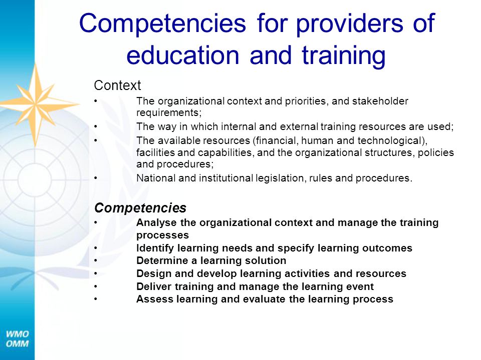 Competencies for providers of education and training