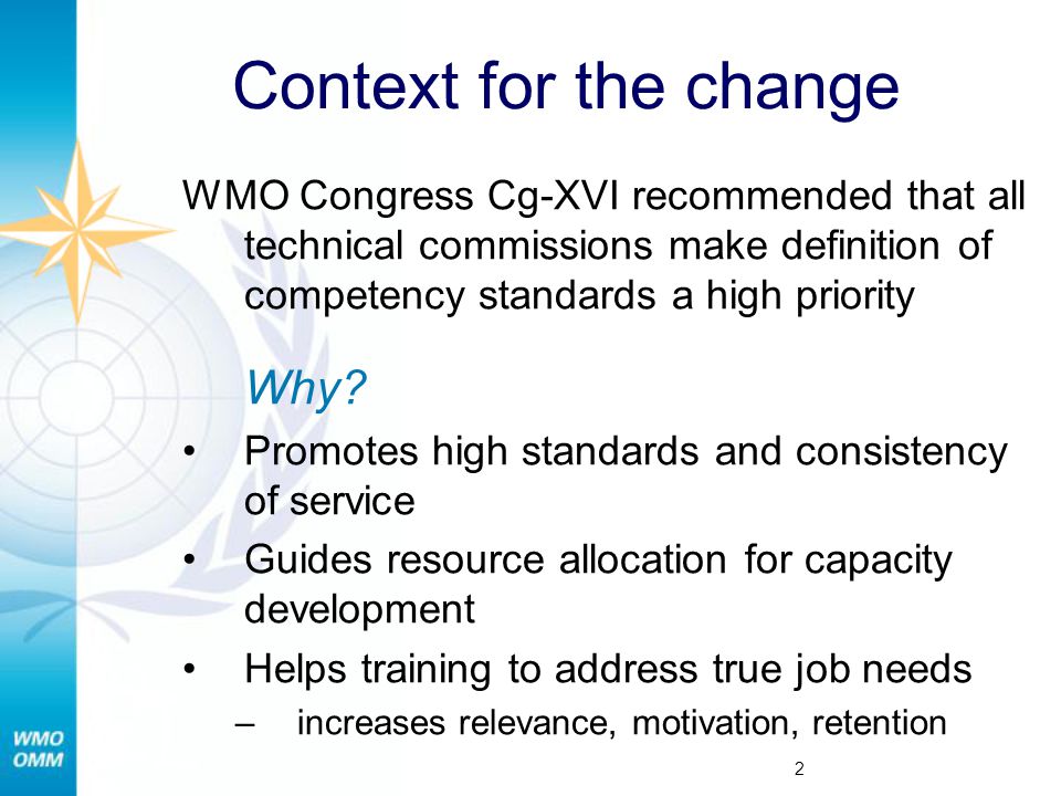 Context for the change WMO Congress Cg-XVI recommended that all technical commissions make definition of competency standards a high priority.