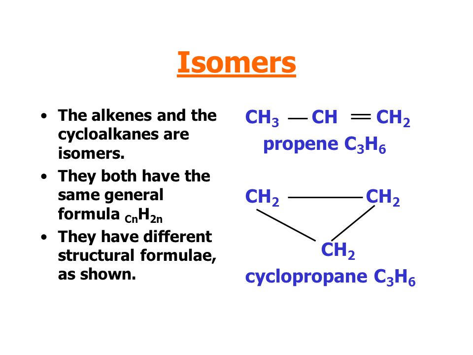 Isomers CH3 CH CH2 propene C3H6 CH2 CH2 CH2 cyclopropane C3H6.