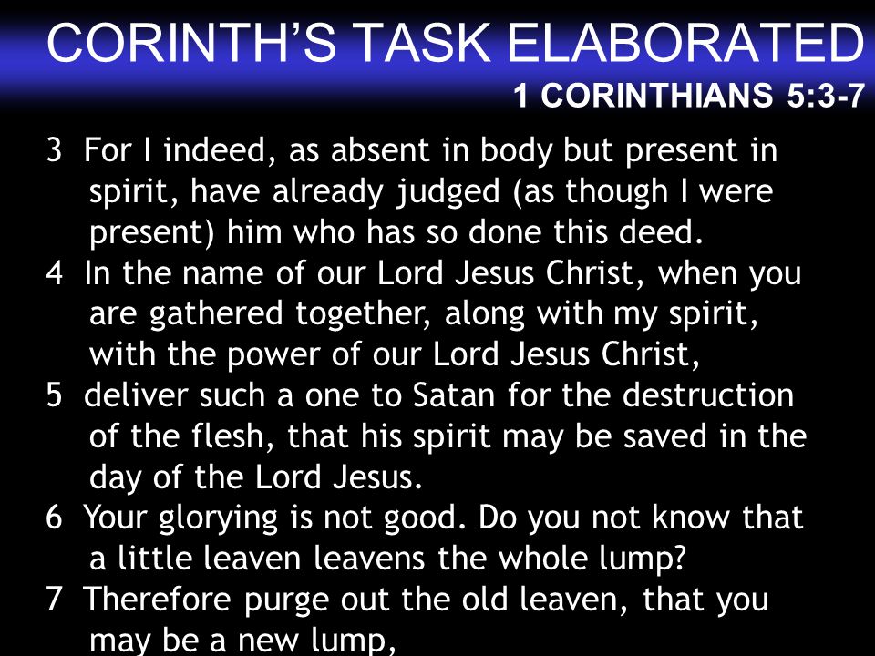 CORINTH’S TASK ELABORATED 1 CORINTHIANS 5:3-7
