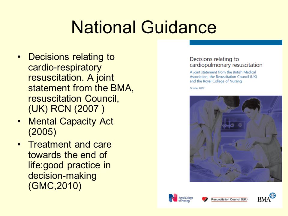 National Guidance Decisions relating to cardio-respiratory resuscitation. A joint statement from the BMA, resuscitation Council, (UK) RCN (2007 )