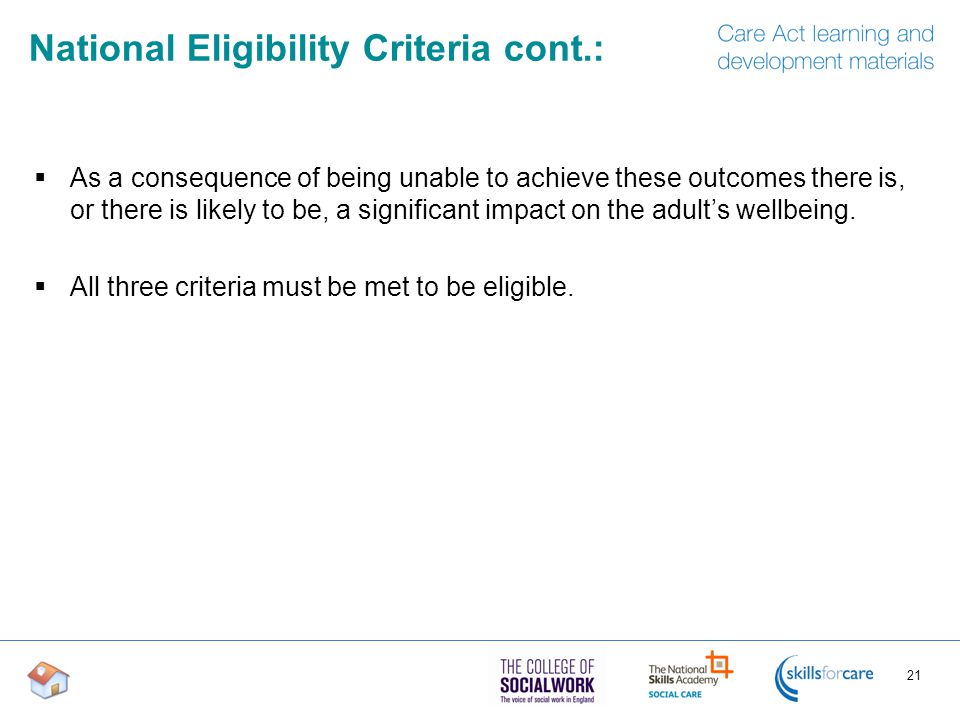 National Eligibility Criteria cont.: