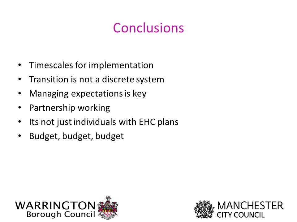 Conclusions Timescales for implementation