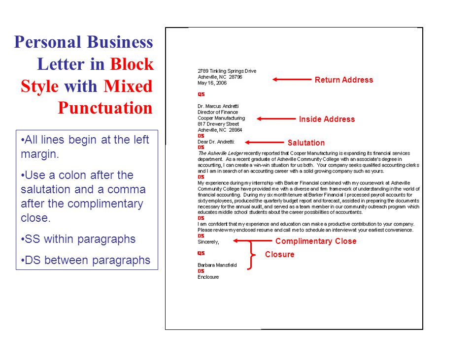 Personal Business Letter in Block Style with Mixed Punctuation