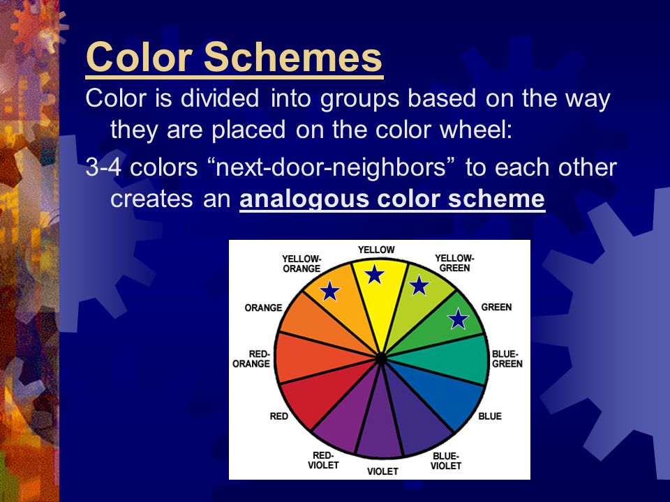 Color Schemes Color is divided into groups based on the way they are placed on the color wheel: