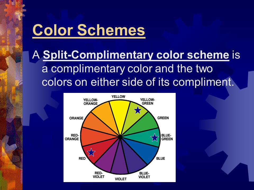 Color Schemes A Split-Complimentary color scheme is a complimentary color and the two colors on either side of its compliment.