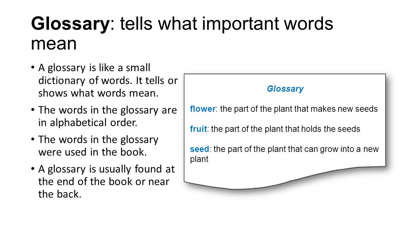 Glossary: tells what important words mean