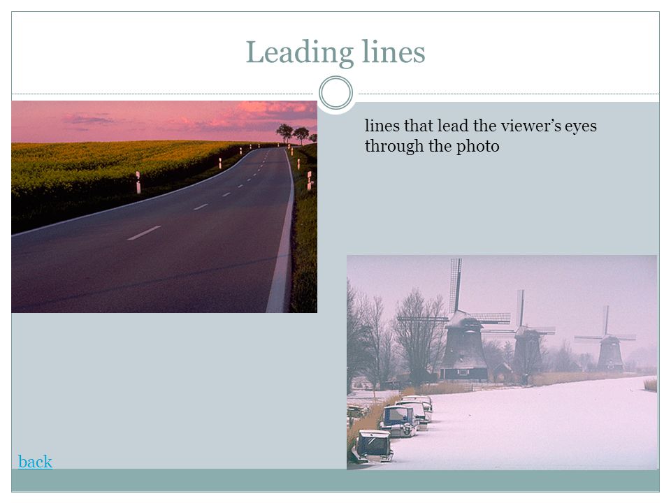 Leading lines lines that lead the viewer’s eyes through the photo back
