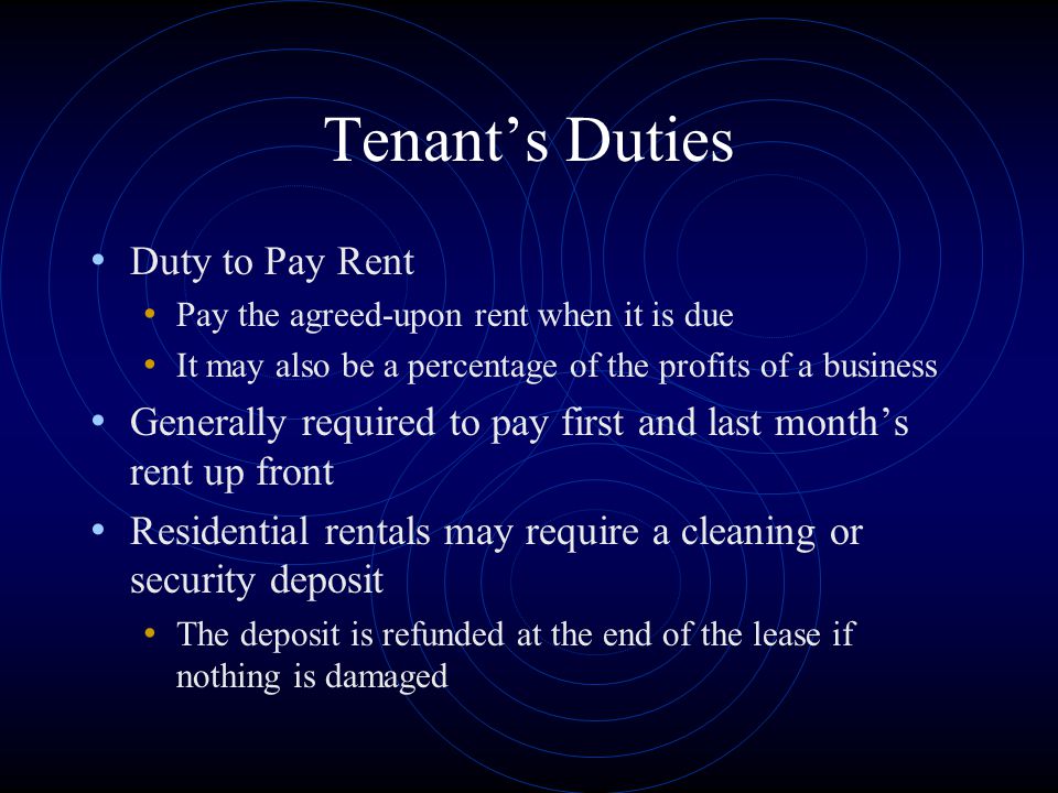 Tenant’s Duties Duty to Pay Rent