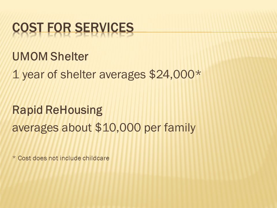 Cost for Services UMOM Shelter 1 year of shelter averages $24,000*