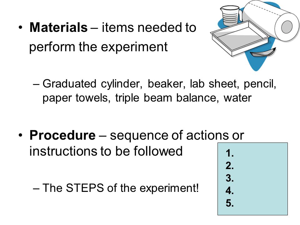 Materials – items needed to perform the experiment