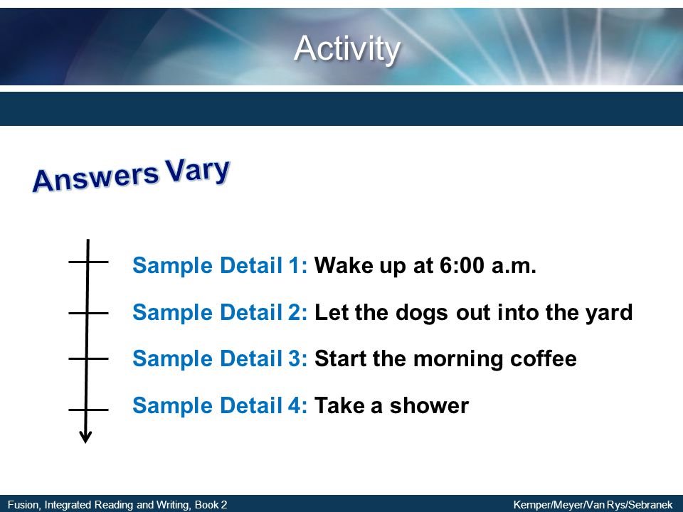 Activity Answers Vary Sample Detail 1: Wake up at 6:00 a.m.