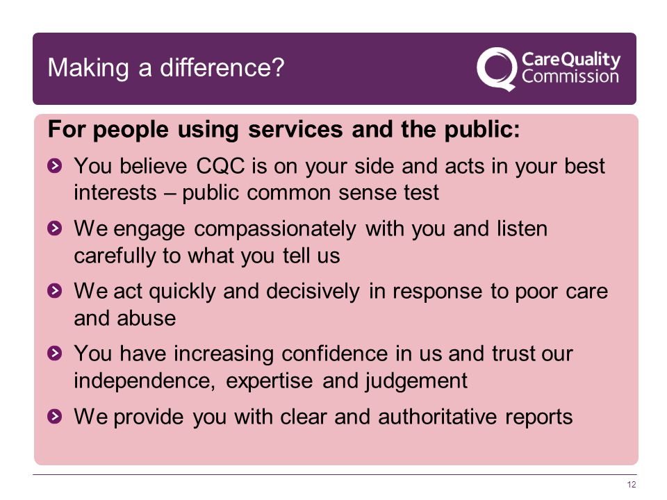 Making a difference For people using services and the public: