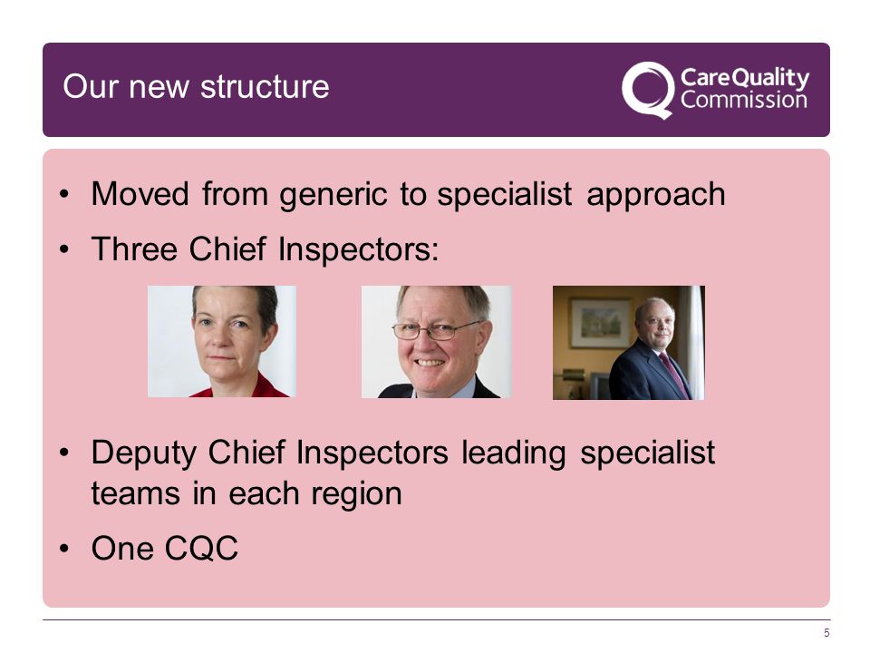 Moved from generic to specialist approach Three Chief Inspectors: