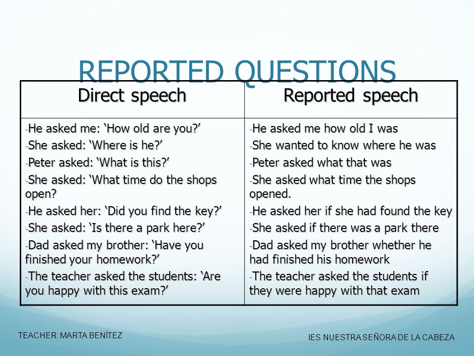 REPORTED QUESTIONS Direct speech Reported speech