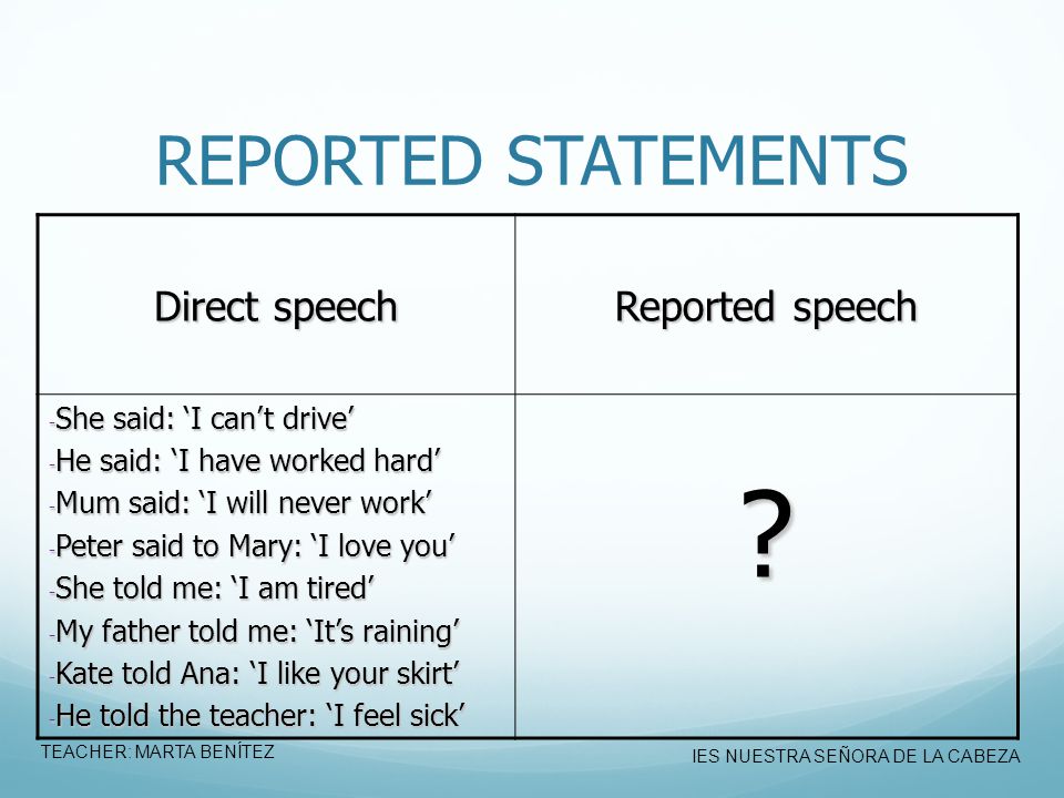 REPORTED STATEMENTS Direct speech Reported speech