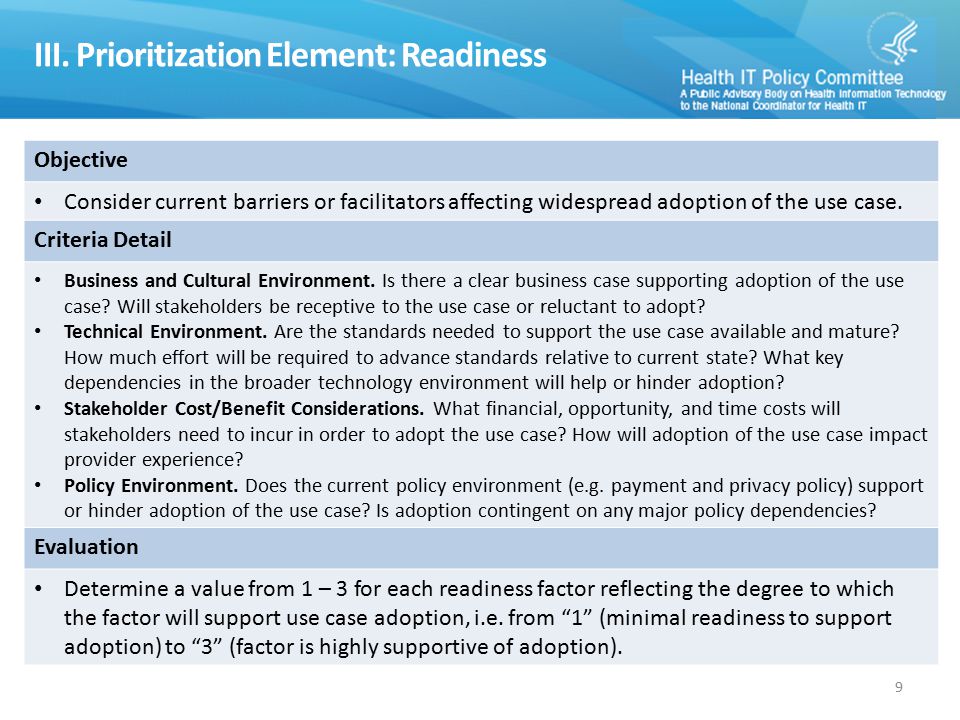 III. Prioritization Element: Readiness