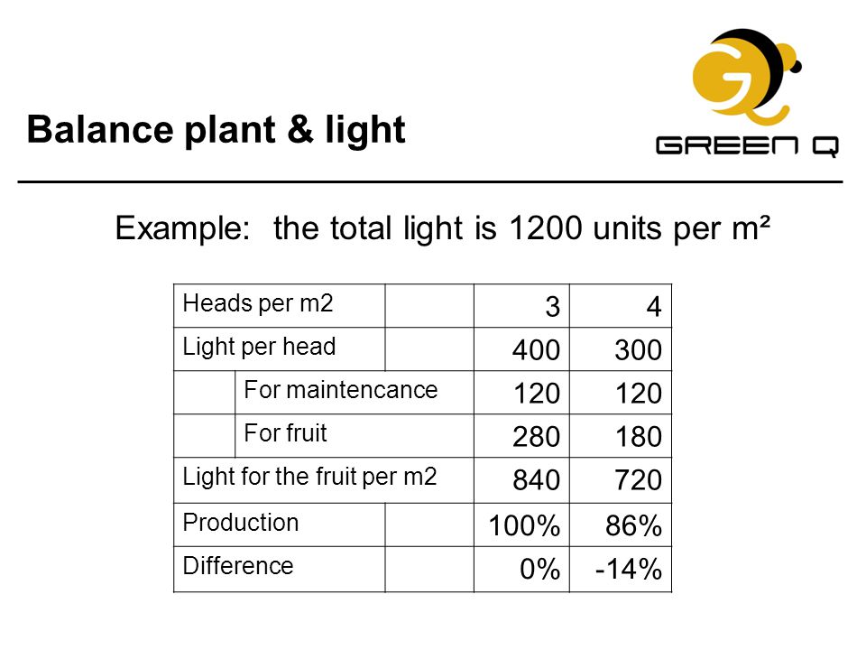 Balance plant & light Example: the total light is 1200 units per m² 3