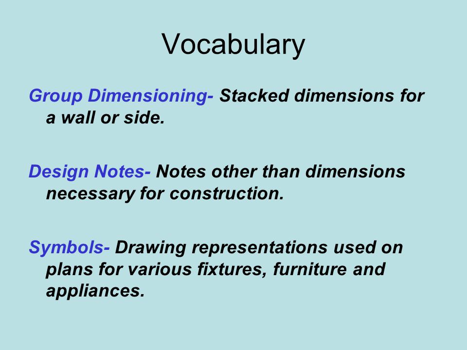 Vocabulary Group Dimensioning- Stacked dimensions for a wall or side.