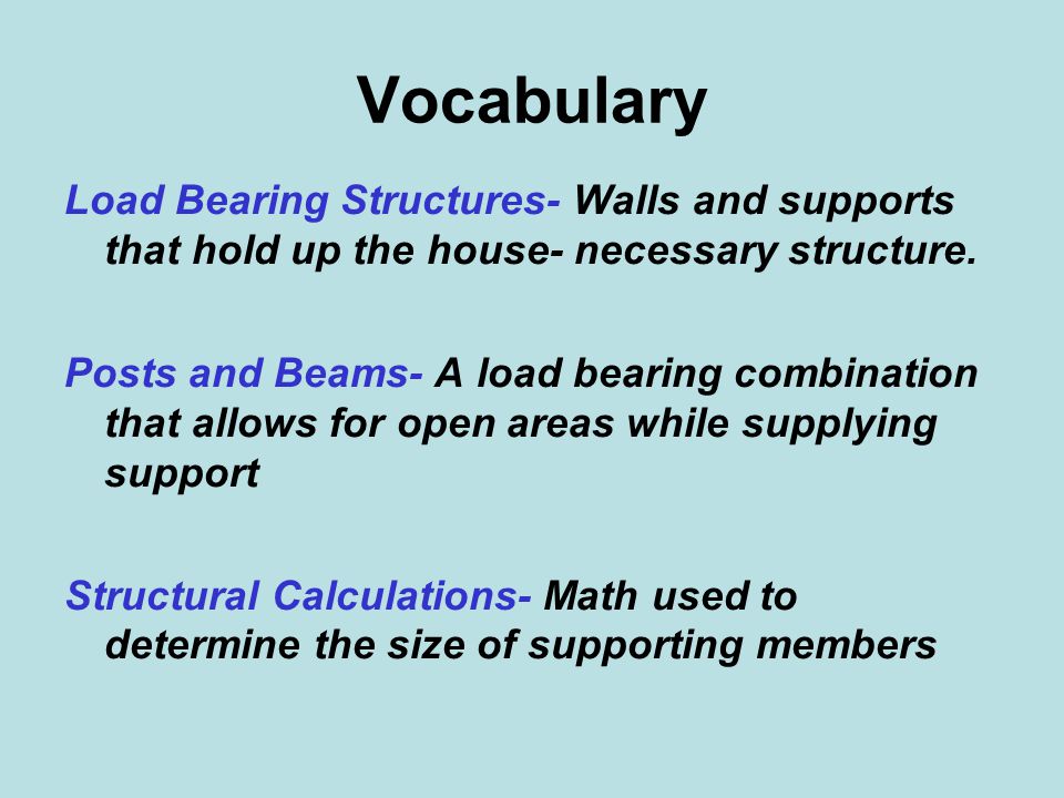 Vocabulary Load Bearing Structures- Walls and supports that hold up the house- necessary structure.