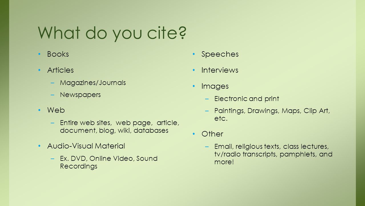 What do you cite Books Articles Web Audio-Visual Material Speeches