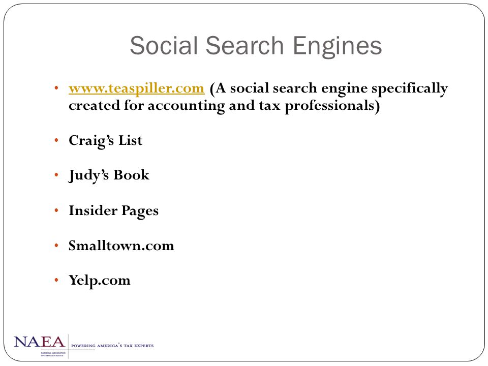 Social Search Engines   (A social search engine specifically created for accounting and tax professionals)