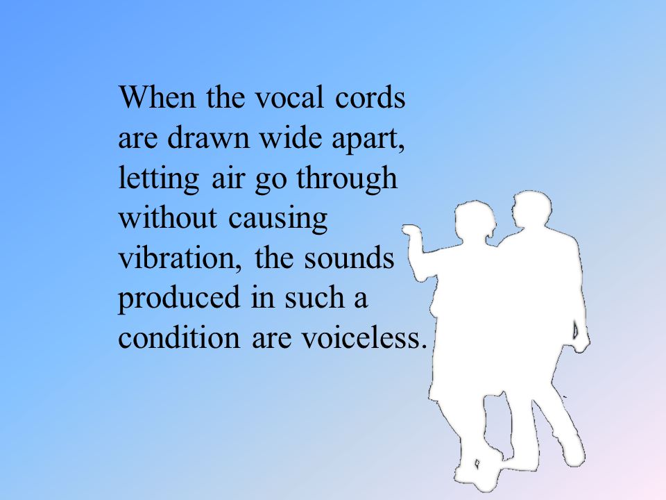 When the vocal cords are drawn wide apart, letting air go through without causing vibration, the sounds produced in such a condition are voiceless.