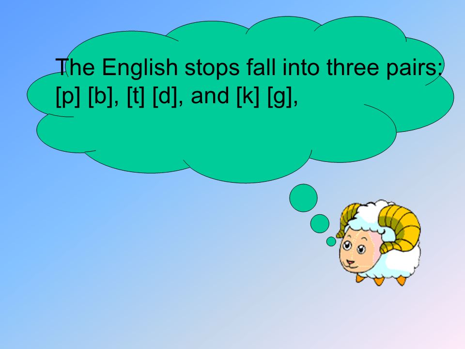 The English stops fall into three pairs: [p] [b], [t] [d], and [k] [g],