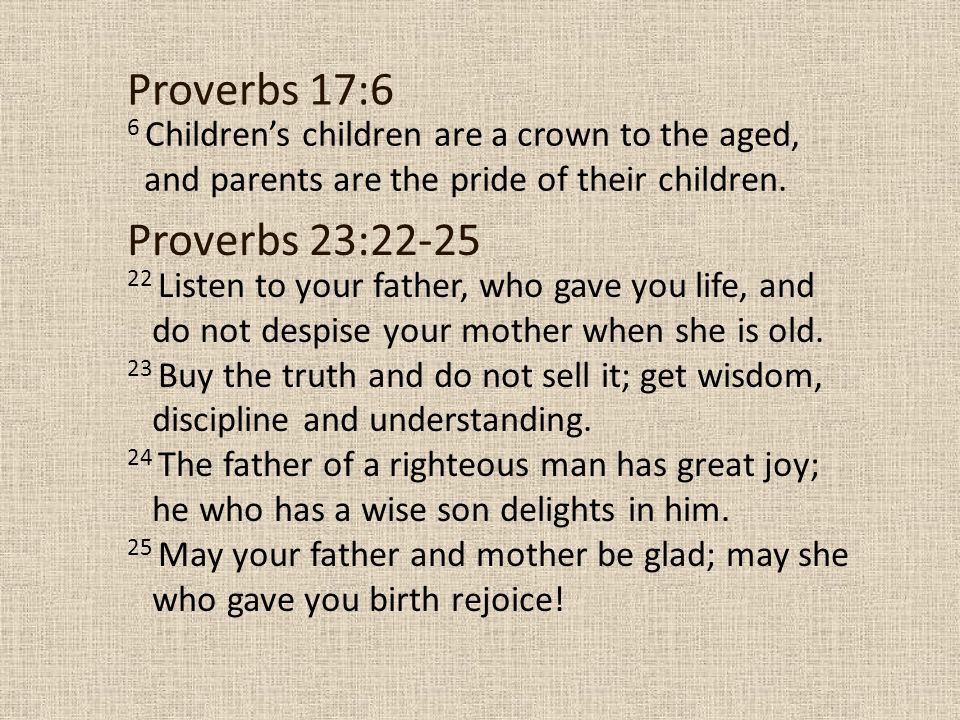 Proverbs 17:6 6 Children’s children are a crown to the aged, and parents are the pride of their children.