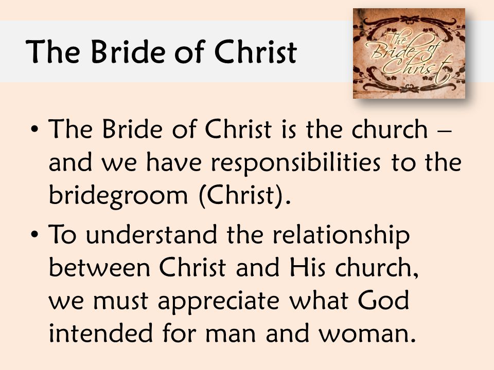 The Bride of Christ The Bride of Christ is the church – and we have responsibilities to the bridegroom (Christ).